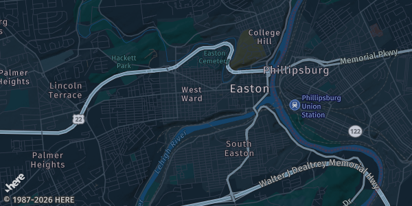 Map of Easton, PA. The exact address of Palmer Park Mall is not known, so the map shows the area rather than a specific building.