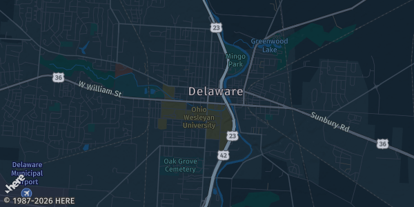 Map of Delaware, OH. The exact address of Delaware Christian Church is not known, so the map shows the area rather than a specific building.
