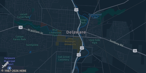 Map of Delaware, OH. The exact address of Delaware Christian Church is not known, so the map shows the area rather than a specific building.