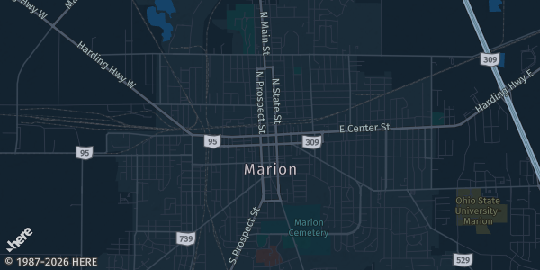 Map of Marion, OH. The exact address of Marion Centre Mall is not known, so the map shows the area rather than a specific building.