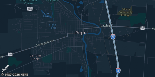 Map of Piqua, OH. The exact address of Crooked Handle Brewing Company is not known, so the map shows the area rather than a specific building.