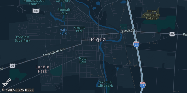 Map of Piqua, OH. The exact address of Crooked Handle Brewing Company is not known, so the map shows the area rather than a specific building.