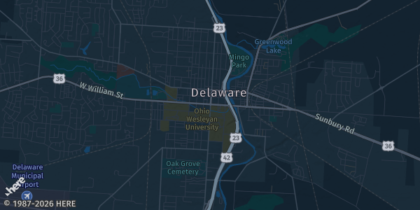 Map of Delaware, OH. The exact address of Delaware Christian Church is not known, so the map shows the area rather than a specific building.