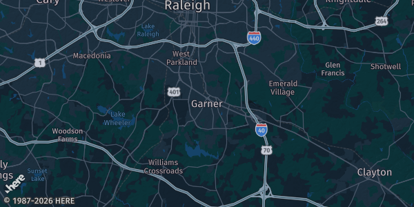 Map of Garner, NC. The exact address of Panther Branch Community Center is not known, so the map shows the area rather than a specific building.