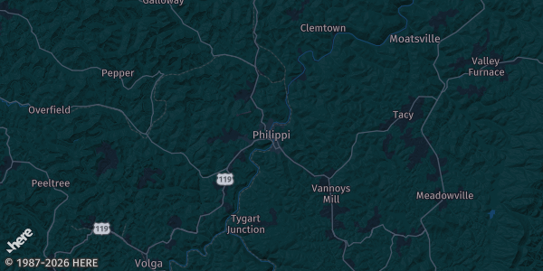 Map of Phillipi, WV. The exact address of Burbick Hall is not known, so the map shows the area rather than a specific building.