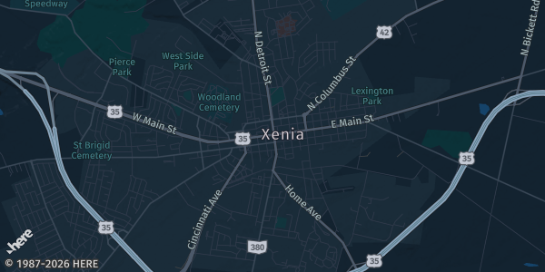 Map of Xenia, OH. The exact address of Greene County Fairgrounds is not known, so the map shows the area rather than a specific building.