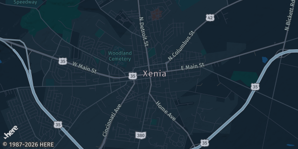 Map of Xenia, OH. The exact address of Greene County Fairgrounds is not known, so the map shows the area rather than a specific building.