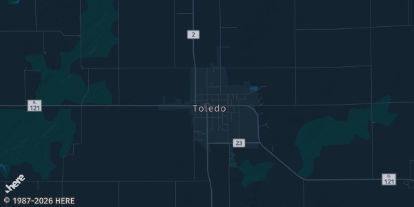 Map of Toledo, IL. The exact address of C.C.E.E.B.A. Community Center is not known, so the map shows the area rather than a specific building.