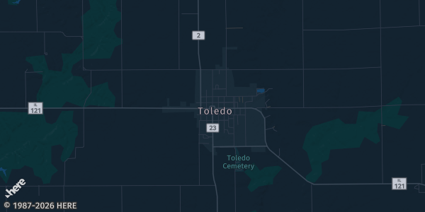 Map of Toledo, IL. The exact address of C.C.E.E.B.A. Community Center is not known, so the map shows the area rather than a specific building.