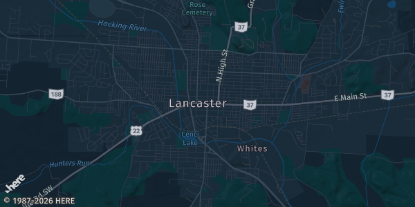 Map of Lancaster, OH. The exact address of Fairfield County Fairgrounds — Ed Sands Building is not known, so the map shows the area rather than a specific building.
