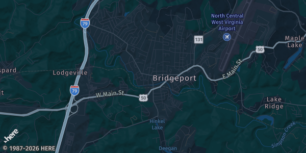 Map of Bridgeport, WV. The exact address of Meadowbrook Mall is not known, so the map shows the area rather than a specific building.