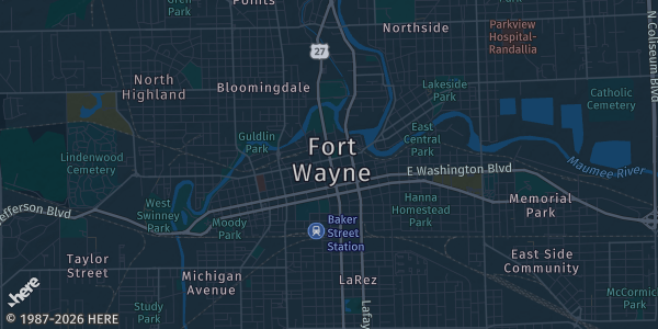 Map of Ft Wayne, IN. The exact address of Holiday Inn Purdue is not known, so the map shows the area rather than a specific building.