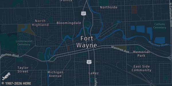 Map of Ft Wayne, IN. The exact address of Holiday Inn Purdue is not known, so the map shows the area rather than a specific building.