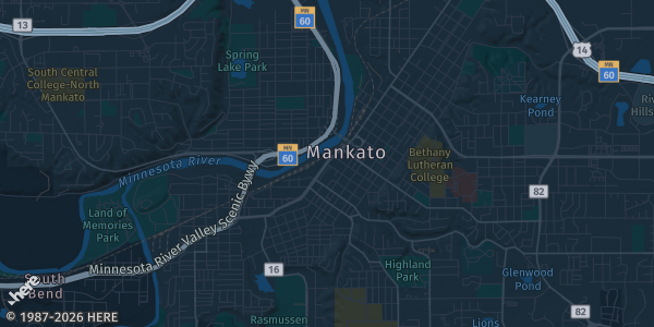 Map of Mankato, MN. The exact address of River Hills Mall is not known, so the map shows the area rather than a specific building.