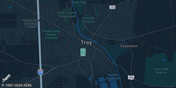 Map of Troy, OH. The exact address of Miami County Fairgrounds Building 610 is not known, so the map shows the area rather than a specific building.