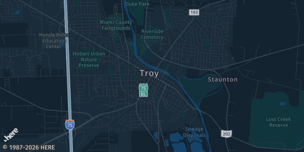 Map of Troy, OH. The exact address of Miami County Fairgrounds Building 610 is not known, so the map shows the area rather than a specific building.