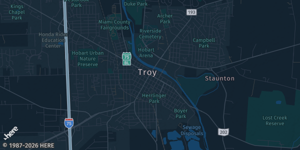 Map of Troy, OH. The exact address of Miami County Fairgrounds Building 610 is not known, so the map shows the area rather than a specific building.