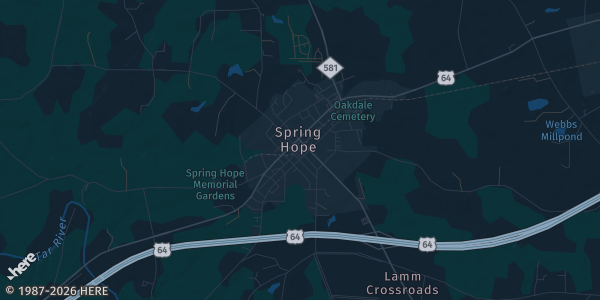 Map of Spring Hope, NC. The exact address of Depot Delights is not known, so the map shows the area rather than a specific building.