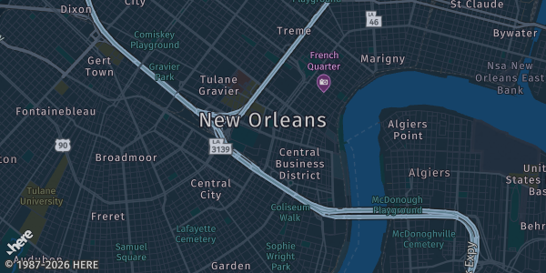 Map of Departing New Orleans, LA. The exact address of Star Trek: The Cruise X is not known, so the map shows the area rather than a specific building.