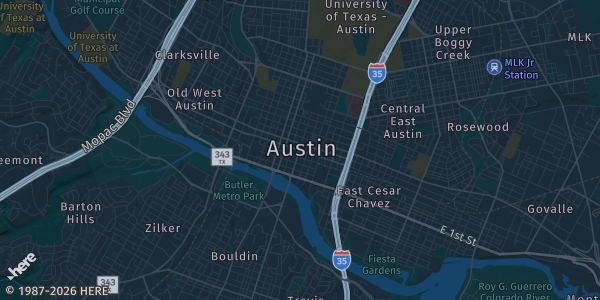 Map of Austin, TX. The exact address of VWF Post 8787 is not known, so the map shows the area rather than a specific building.