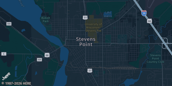 Map of Stevens Point, WI. The exact address of Elks Lodge 641 is not known, so the map shows the area rather than a specific building.