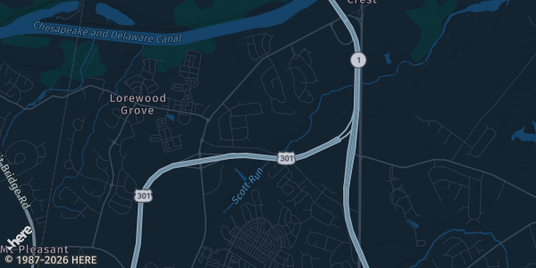 Map of Middletown, DE. The exact address of St. Georges Technical High School is not known, so the map shows the area rather than a specific building.