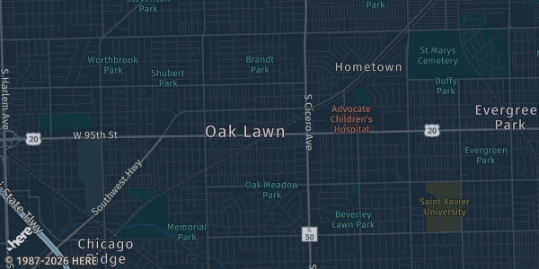 Map of Oak Lawn, IL. The exact address of Oak lawn Pavilion is not known, so the map shows the area rather than a specific building.