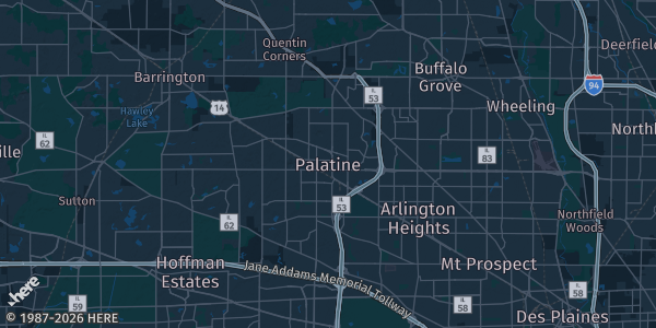 Map of Palatine, IL. The exact address of Harper College, Building A, Student Expo Center is not known, so the map shows the area rather than a specific building.