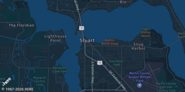 Map of Stuart, FL. The exact address of 999 Lounge & Bar is not known, so the map shows the area rather than a specific building.