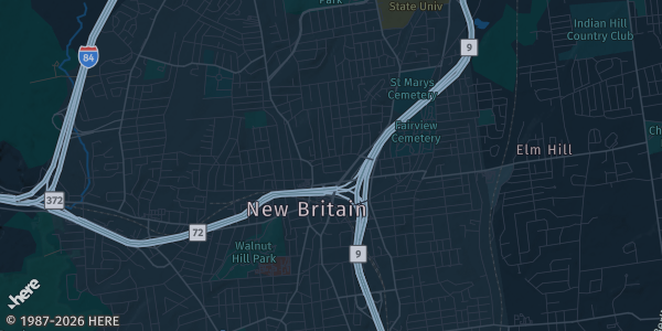 Map of New Britain, CT. The exact address of Summit Card Show is not known, so the map shows the area rather than a specific building.