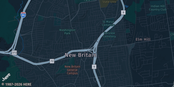Map of New Britain, CT. The exact address of Summit Card Show is not known, so the map shows the area rather than a specific building.