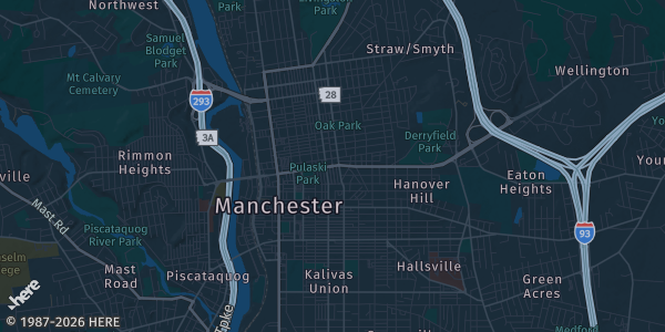 Map of Manchester, NH. The exact address of American Legion is not known, so the map shows the area rather than a specific building.
