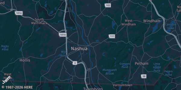 Map of Hudson, NH. The exact address of VFW Hall is not known, so the map shows the area rather than a specific building.