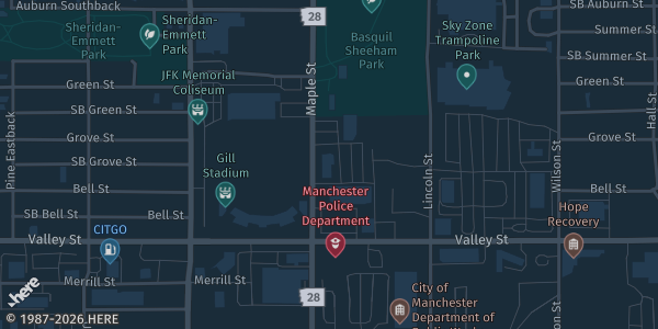 Map showing American Legion Sweeney Post in Manchester, NH.