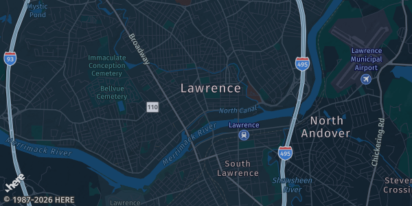 Map of Lawrence, MA. The exact address of Lawrence Elks Lodge #65 is not known, so the map shows the area rather than a specific building.