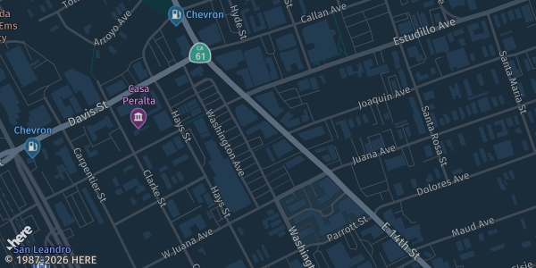 Map showing San Leandro Masonic Lodge in San Leandro, CA.