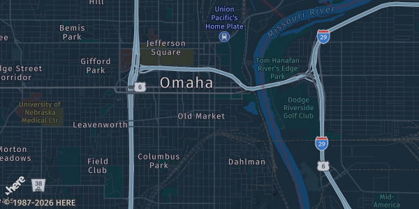 Map of Omaha, NE. The exact address of VFW Post 2503 is not known, so the map shows the area rather than a specific building.