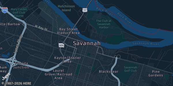 Map of Savannah, GA. The exact address of Savannah Convention Center is not known, so the map shows the area rather than a specific building.