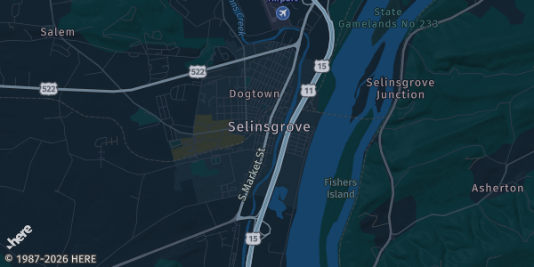 Map of Selinsgrove, PA. The exact address of 1 Susquehanna Valley Mall Dr is not known, so the map shows the area rather than a specific building.