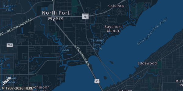 Map of North Fort Myers, FL. The exact address of Pondella Bingo is not known, so the map shows the area rather than a specific building.
