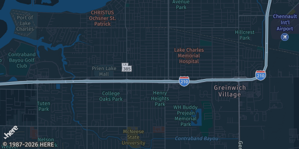 Map of Lake Charles, LA. The exact address of Habibi Shriners is not known, so the map shows the area rather than a specific building.