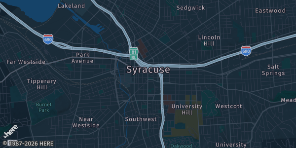 Map of Syracuse, NY. The exact address of NYS Fairgrounds is not known, so the map shows the area rather than a specific building.