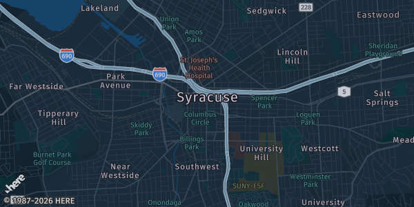 Map of Syracuse, NY. The exact address of NYS Fairgrounds is not known, so the map shows the area rather than a specific building.