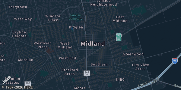 Map of Midland, TX. The exact address of Midland County Horseshoe Arena is not known, so the map shows the area rather than a specific building.