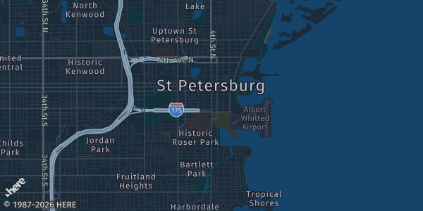 Map of St. Petersburg, FL. The exact address of Hilton St. Petersburg Carillon Park is not known, so the map shows the area rather than a specific building.