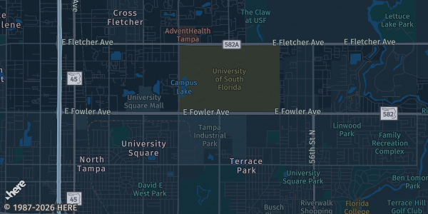 Map of Tampa, FL. The exact address of Embassy Suites @USF is not known, so the map shows the area rather than a specific building.