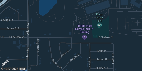 Map showing Forida State Fairgrounds in Tampa, FL.