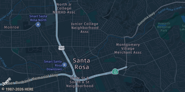 Map of Santa Rosa, CA. The exact address of Santa Rosa Veterans Memorial Building, 1351 Maple Ave is not known, so the map shows the area rather than a specific building.