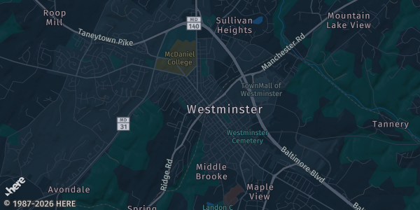 Map of Westminster, MD. The exact address of TCC Event Center Sports Card And TCG Show is not known, so the map shows the area rather than a specific building.