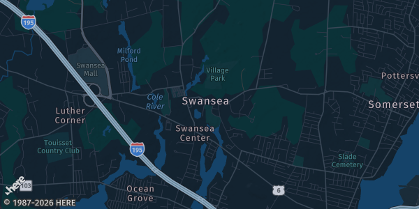 Map of Swansea, MA. The exact address of Silver Stone Castle is not known, so the map shows the area rather than a specific building.